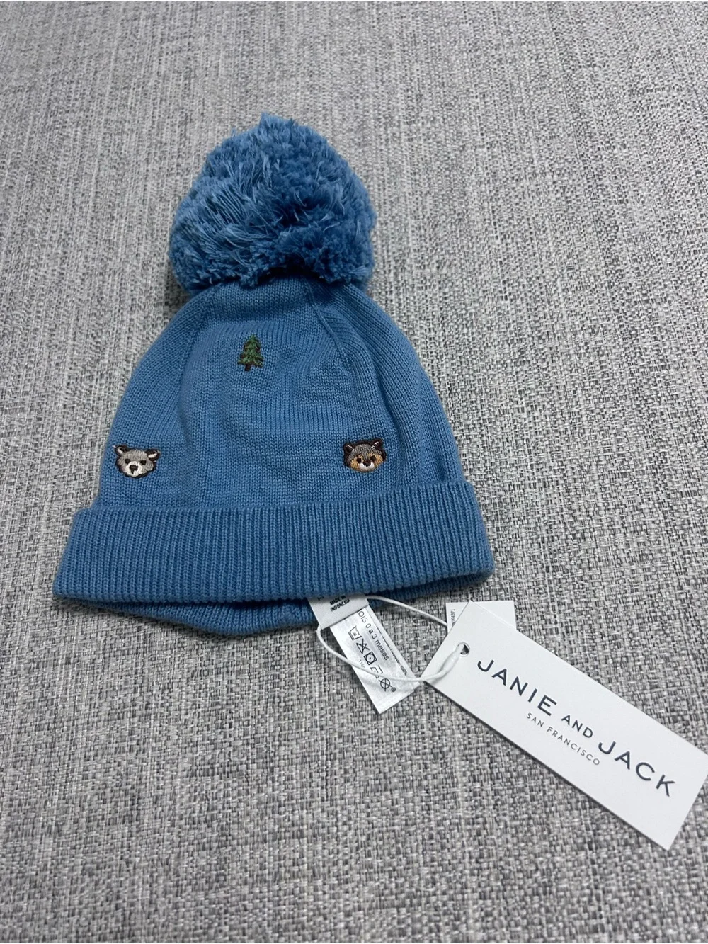 Janie and Jack Dusty Blue Pom-Pom Knit Beanie Embroidery NWT. SIZE 0-3M